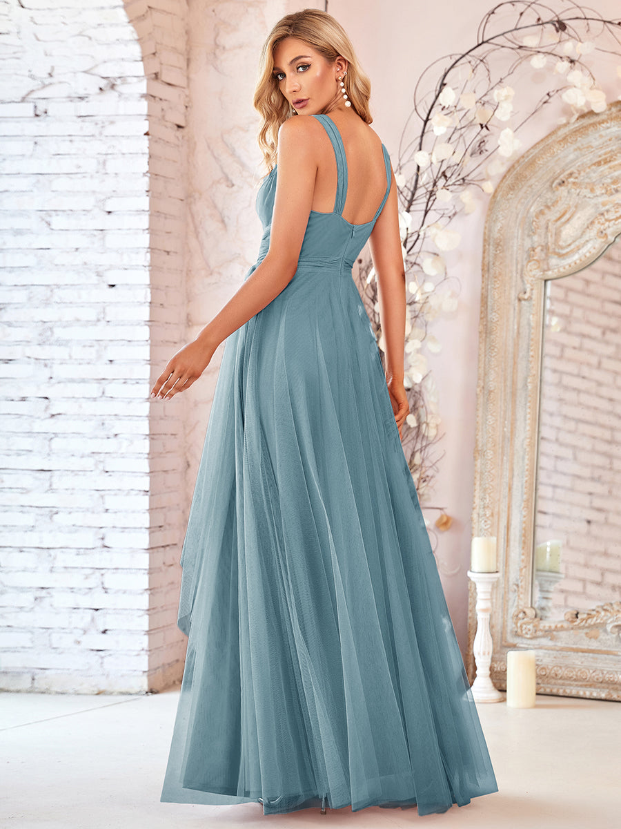 Color=Dusty Blue | Floor Length Sleeveless Wholesale Tulle Bridesmaid Dresses-Dusty Blue 2