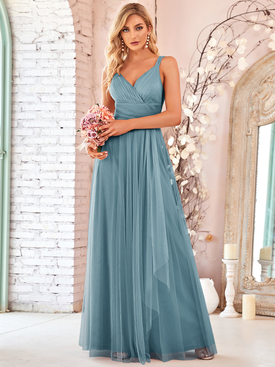 Color=Dusty Blue | Floor Length Sleeveless Wholesale Tulle Bridesmaid Dresses-Dusty Blue 3
