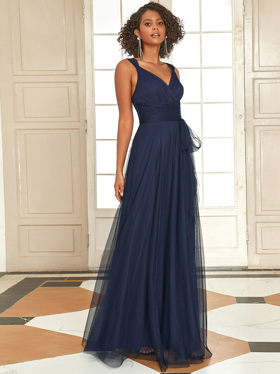 Color=Navy Blue | Floor Length Sleeveless Wholesale Tulle Bridesmaid Dresses-Navy Blue 1