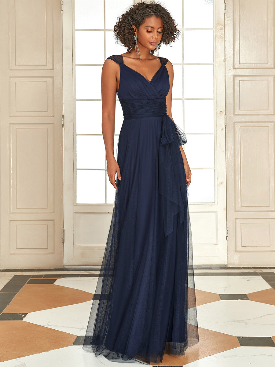 Color=Navy Blue | Floor Length Sleeveless Wholesale Tulle Bridesmaid Dresses-Navy Blue 3