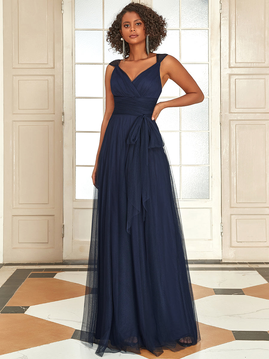 Color=Navy Blue | Adorable A Line Sleeveless Wholesale Tulle Bridesmaid Dresses With Belt-Navy Blue 4