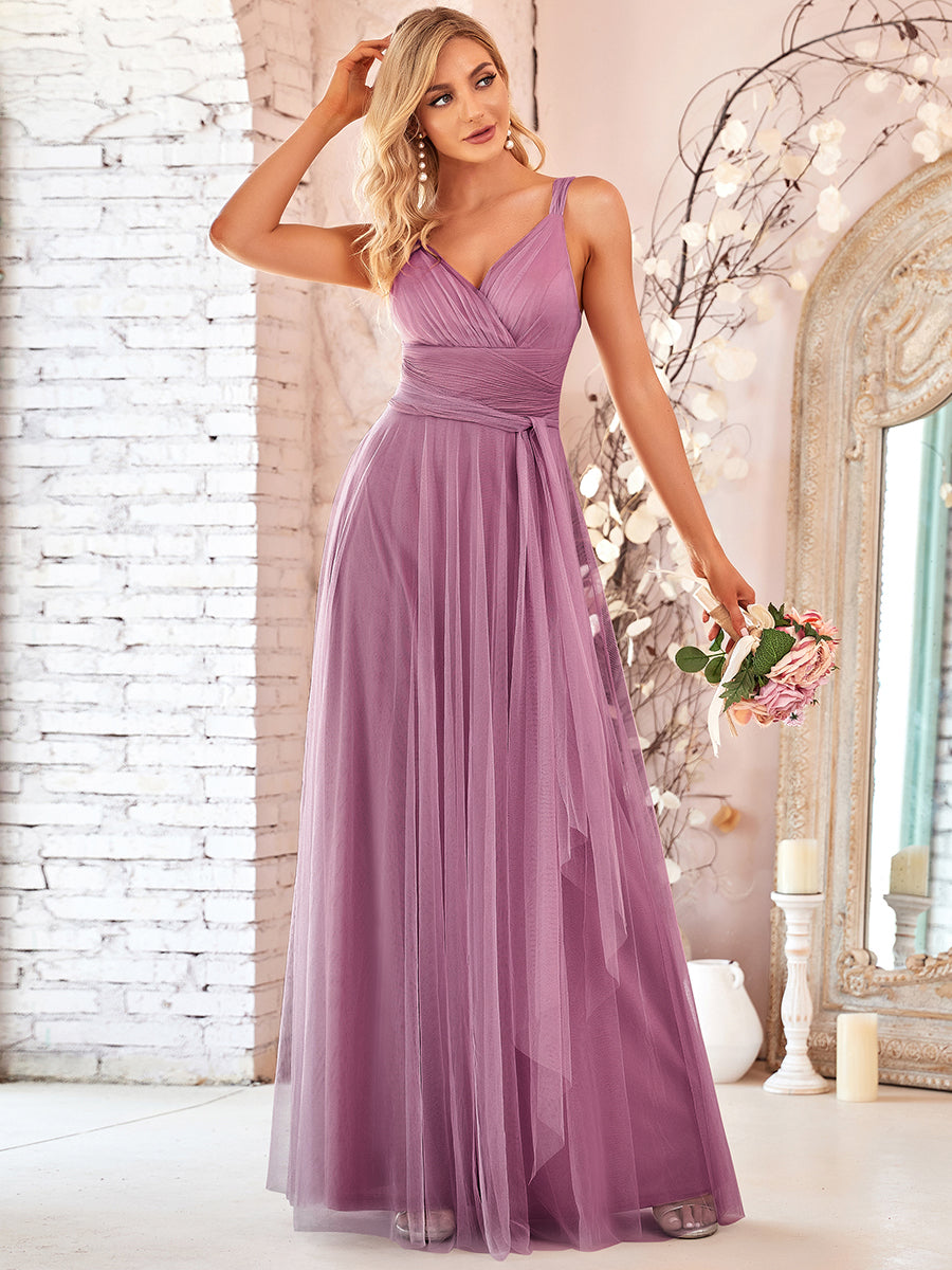 Color=Orchid | Floor Length Sleeveless Wholesale Tulle Bridesmaid Dresses-Orchid 1