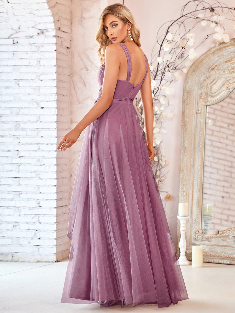 Color=Orchid | Adorable A Line Sleeveless Wholesale Tulle Bridesmaid Dresses With Belt-Orchid 3