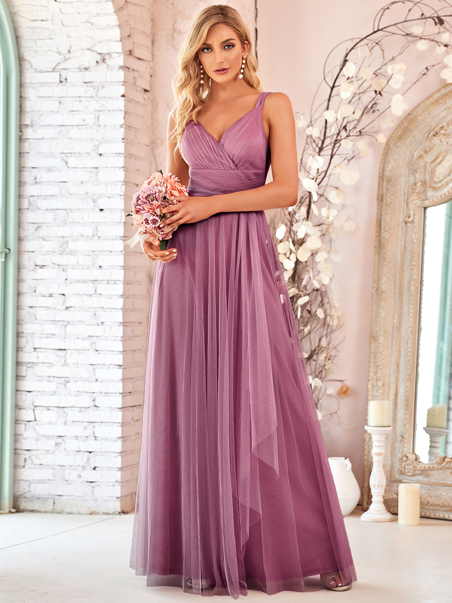 Color=Orchid | Floor Length Sleeveless Wholesale Tulle Bridesmaid Dresses-Orchid 3