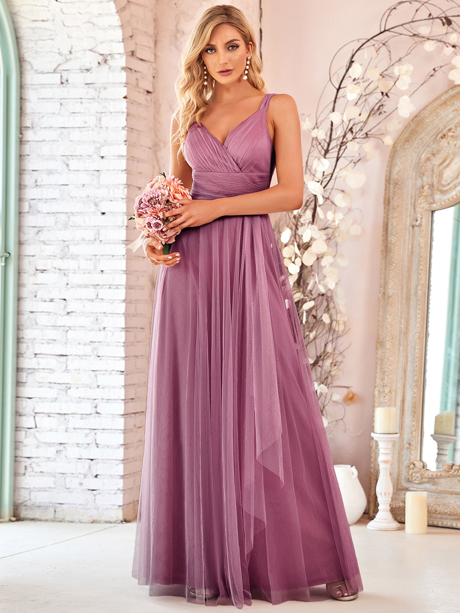 Color=Orchid | Adorable A Line Sleeveless Wholesale Tulle Bridesmaid Dresses With Belt-Orchid 1