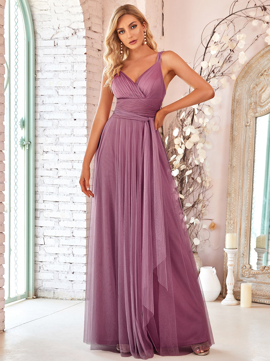 Color=Orchid | Floor Length Sleeveless Wholesale Tulle Bridesmaid Dresses-Orchid 4