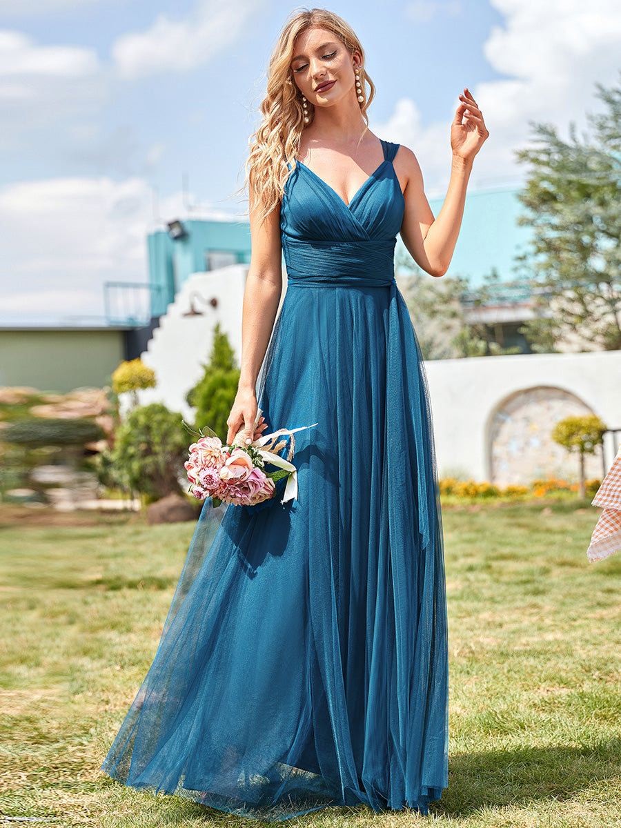Color=Teal | Adorable A Line Sleeveless Wholesale Tulle Bridesmaid Dresses With Belt-Teal 1