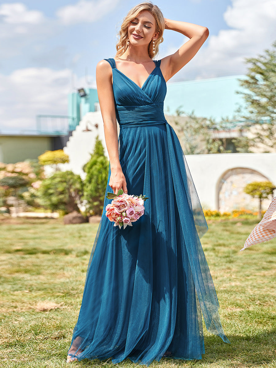 Color=Teal | Adorable A Line Sleeveless Wholesale Tulle Bridesmaid Dresses With Belt-Teal 3