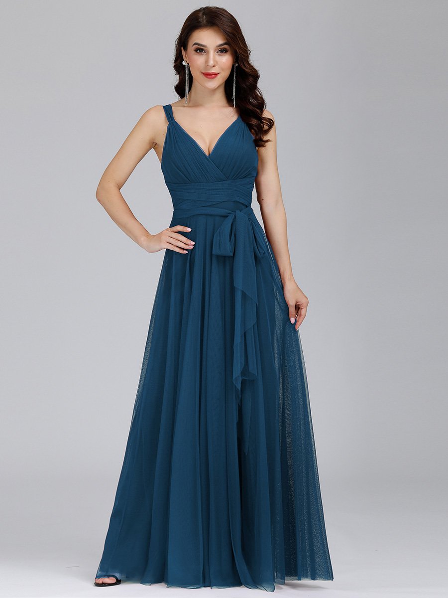 Color=Teal | Floor Length Sleeveless Wholesale Tulle Bridesmaid Dresses-Teal 8