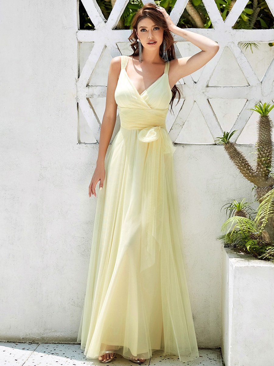 Color=Yellow | Floor Length Sleeveless Wholesale Tulle Bridesmaid Dresses-Yellow 5