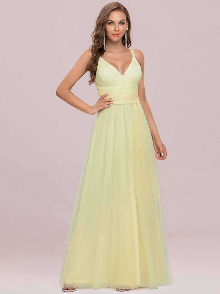 Color=Yellow | Floor Length Sleeveless Wholesale Tulle Bridesmaid Dresses-Yellow 7