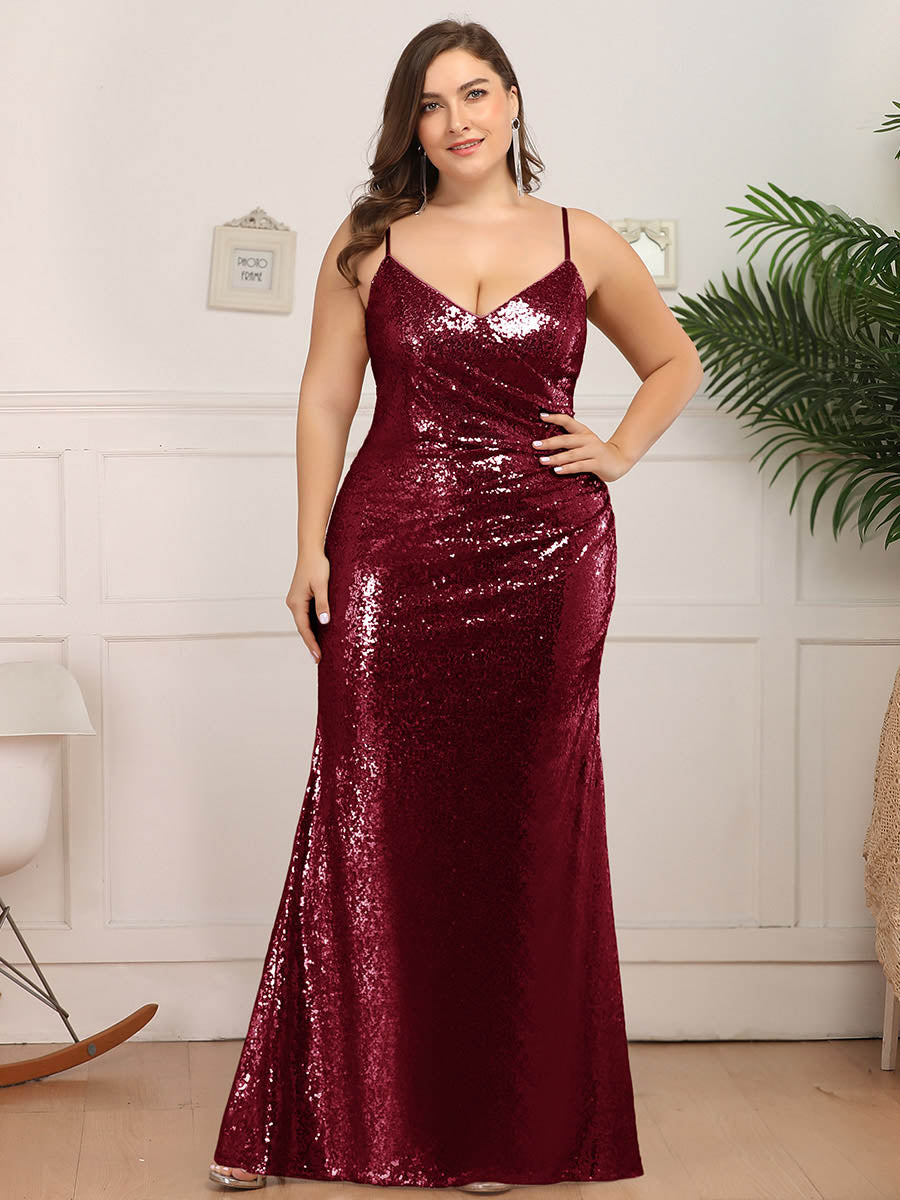 Color=Burgundy | Plus Size Women'S Fashion Sequins Floor Length Spaghetti Straps Evening Dresses Ep07339-Burgundy 1