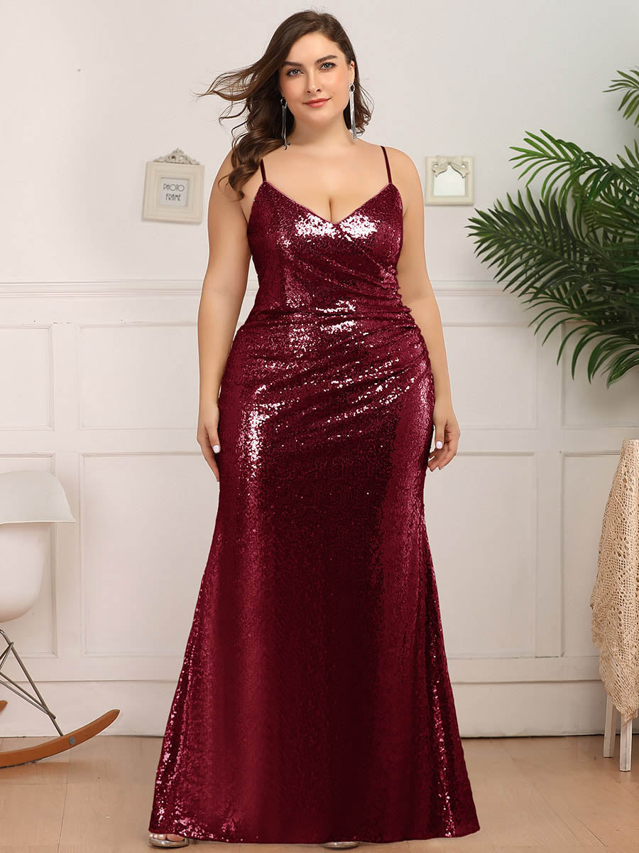 Color=Burgundy | Plus Size Women'S Fashion Sequins Floor Length Spaghetti Straps Evening Dresses Ep07339-Burgundy 4