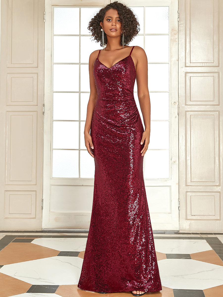 Color=Burgundy | Women'S Fashion Sequins Floor Length Spaghetti Straps Evening Dresses Ep07339-Burgundy 1