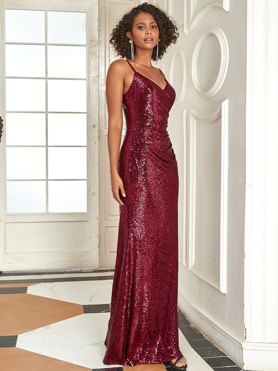 Color=Burgundy | Women'S Fashion Sequins Floor Length Spaghetti Straps Evening Dresses Ep07339-Burgundy 3