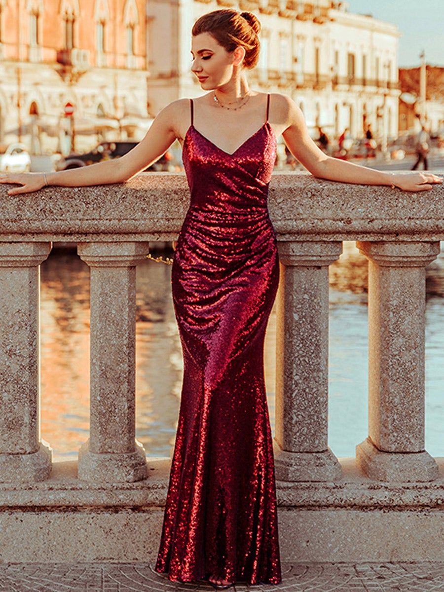 Color=Burgundy | Women'S Fashion Sequins Floor Length Spaghetti Straps Evening Dresses Ep07339-Burgundy 6