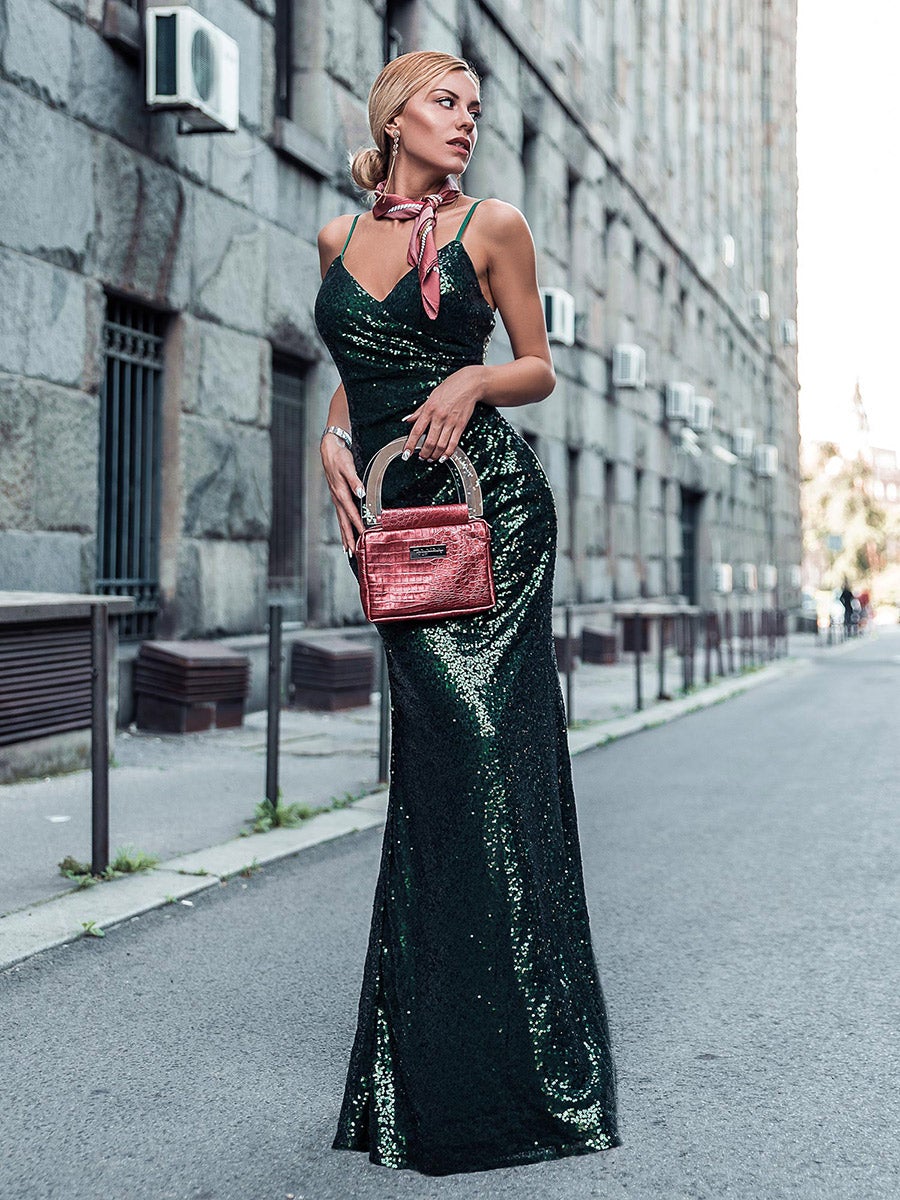 Color=Dark Green | Women'S Fashion Sequins Floor Length Spaghetti Straps Evening Dresses Ep07339-Dark Green 1