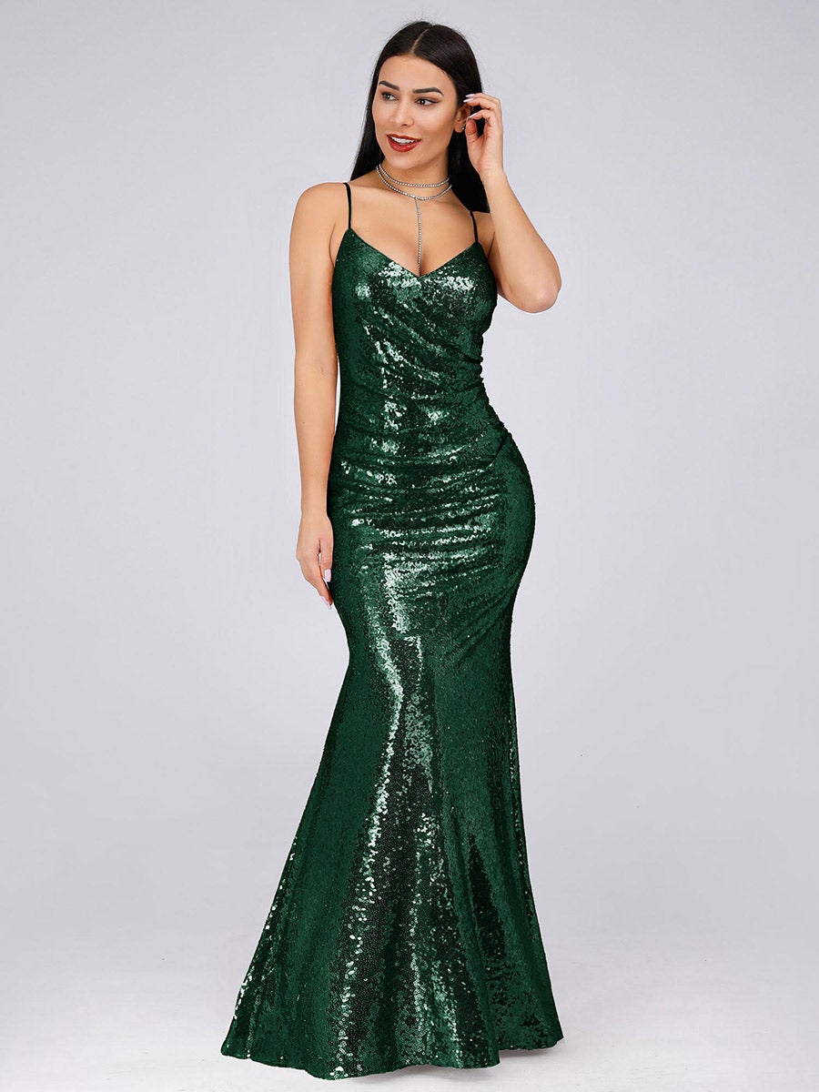 Color=Dark Green | Women'S Fashion Sequins Floor Length Spaghetti Straps Evening Dresses Ep07339-Dark Green 4