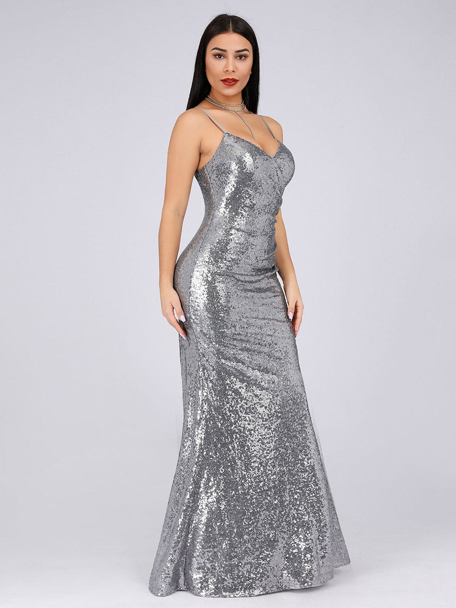 Color=Grey | Women'S Fashion Sequins Floor Length Spaghetti Straps Evening Dresses Ep07339-Grey 4