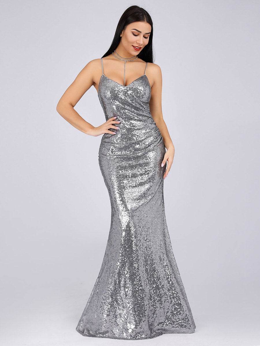 Color=Grey | Women'S Fashion Sequins Floor Length Spaghetti Straps Evening Dresses Ep07339-Grey 1