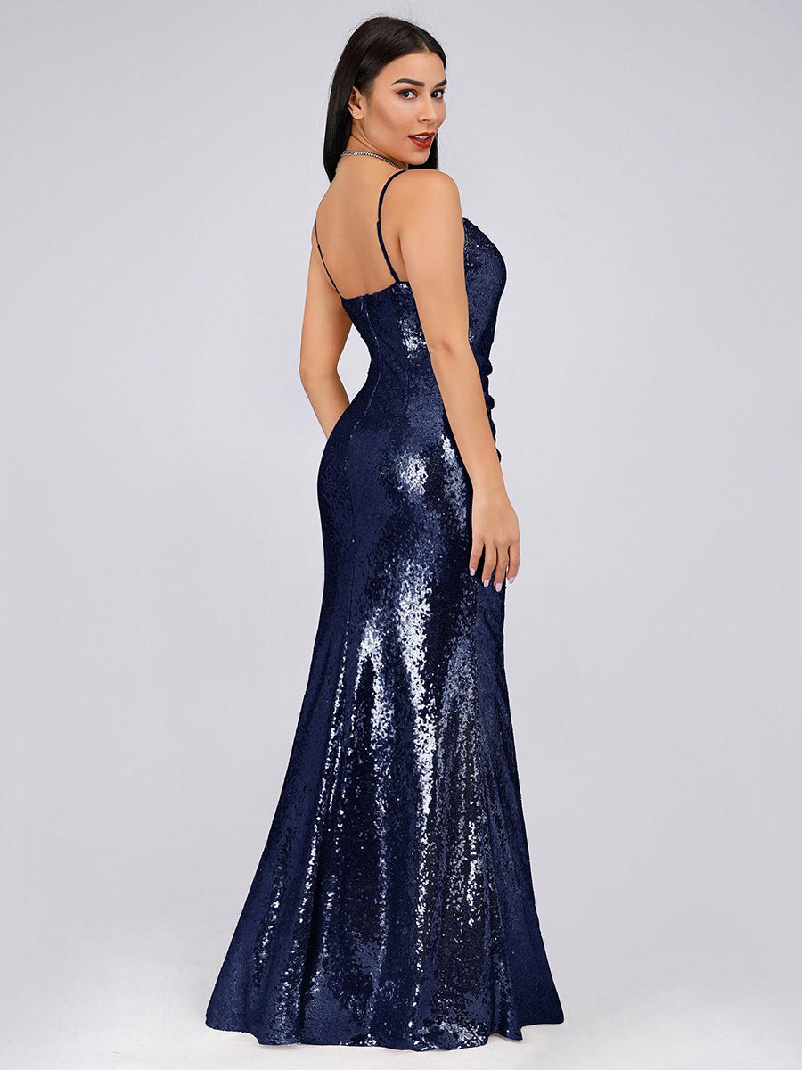 Color=Navy Blue | Women'S Fashion Sequins Floor Length Spaghetti Straps Evening Dresses Ep07339-Navy Blue 2