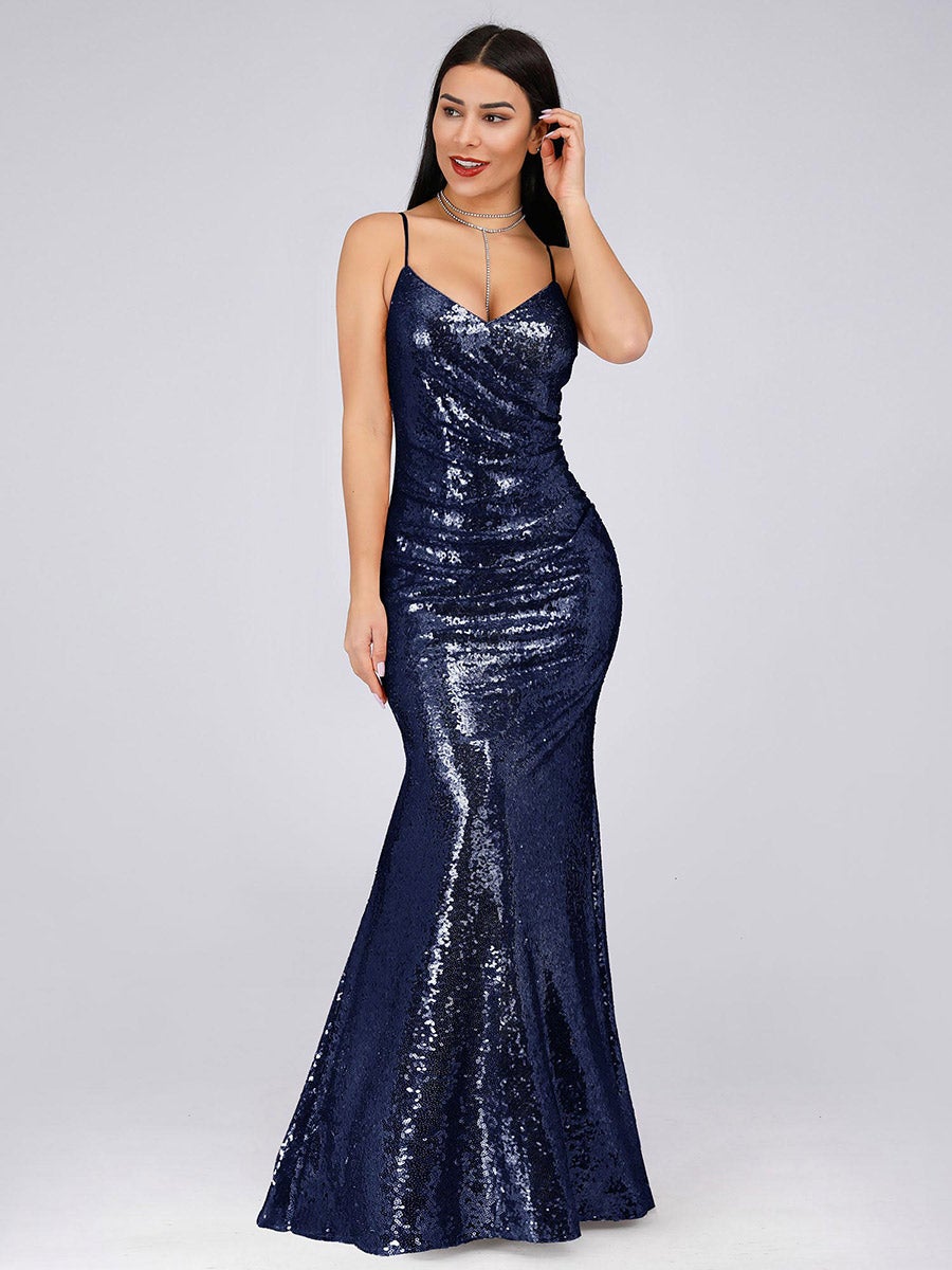 Color=Navy Blue | Women'S Fashion Sequins Floor Length Spaghetti Straps Evening Dresses Ep07339-Navy Blue 3