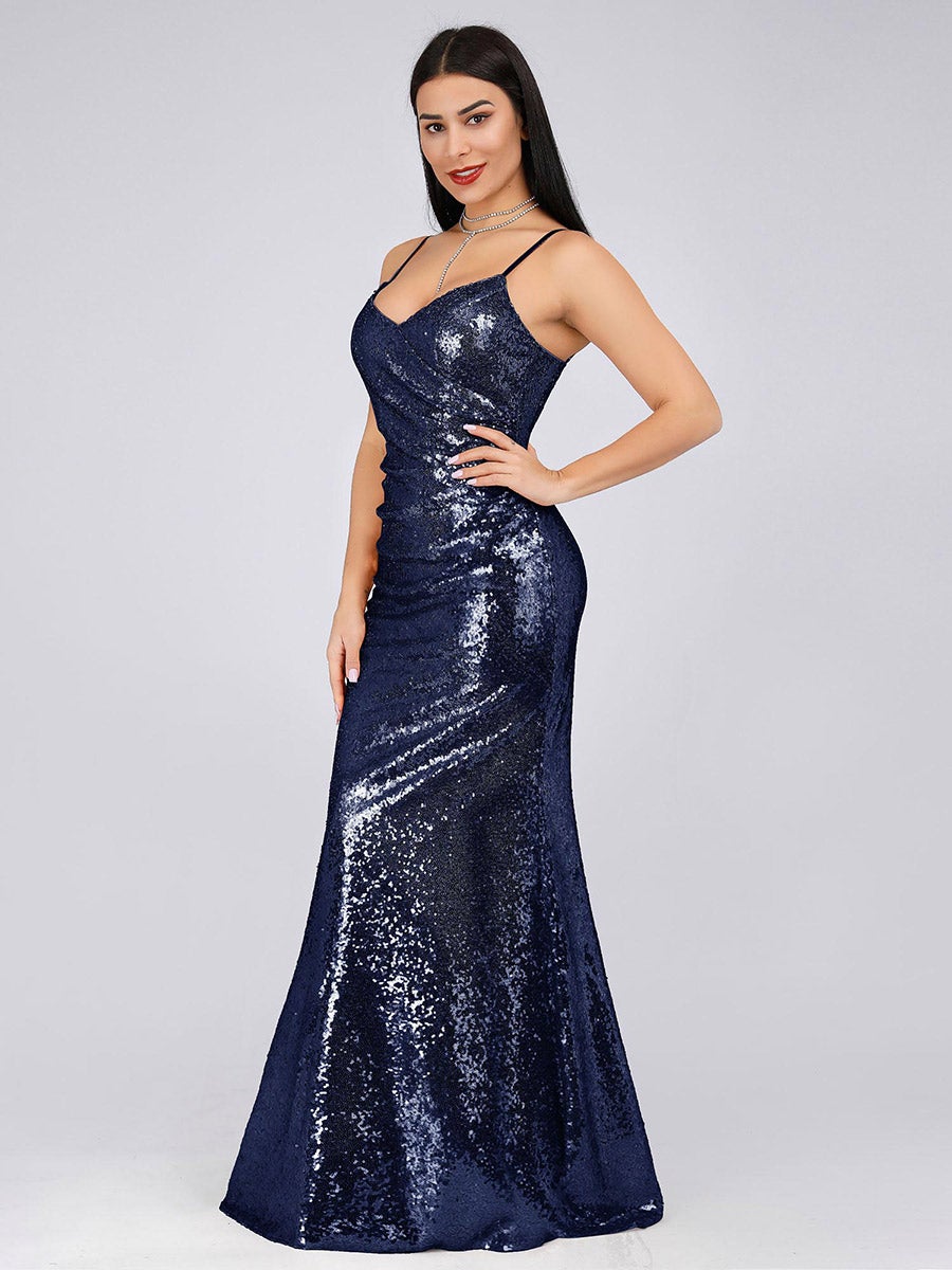 Color=Navy Blue | Women'S Fashion Sequins Floor Length Spaghetti Straps Evening Dresses Ep07339-Navy Blue 5