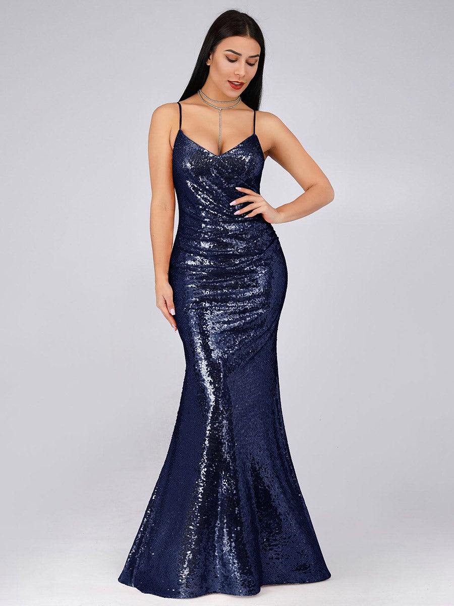 Color=Navy Blue | Women'S Fashion Sequins Floor Length Spaghetti Straps Evening Dresses Ep07339-Navy Blue 1