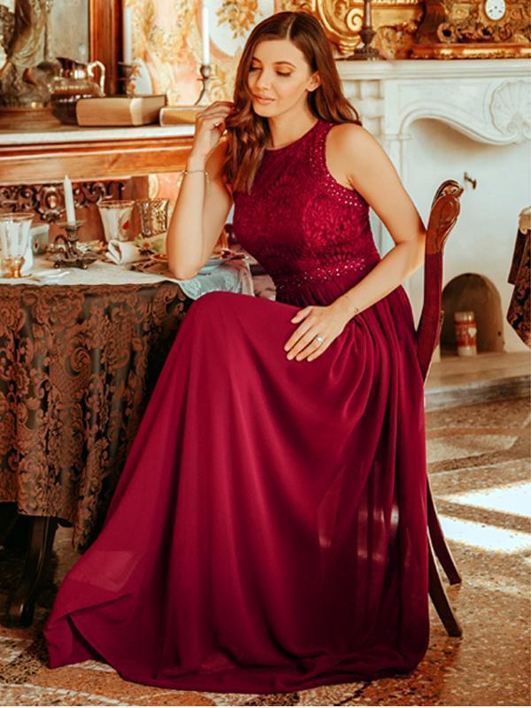 Color=Burgundy | Round Neck Maxi Long Wholesale Party Dresses For Women-Burgundy 1