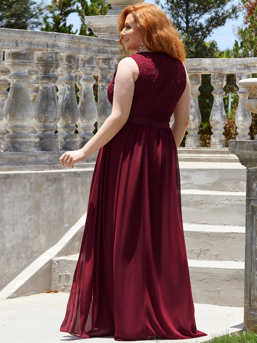 Color=Burgundy | Round Neck Maxi Long Wholesale Plus Size Party Dresses for Women-Burgundy 2