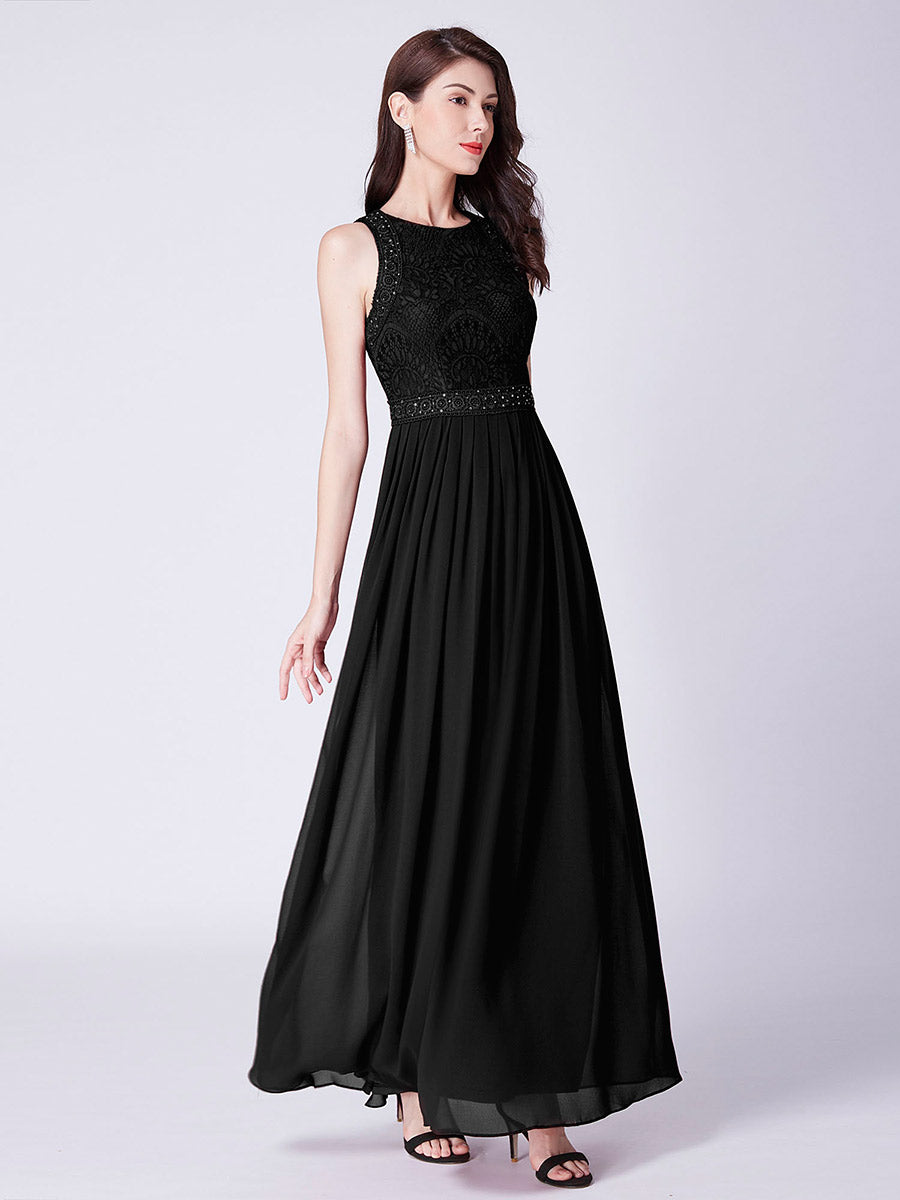 Color=Black | Round Neck Maxi Long Wholesale Party Dresses For Women-Black 5