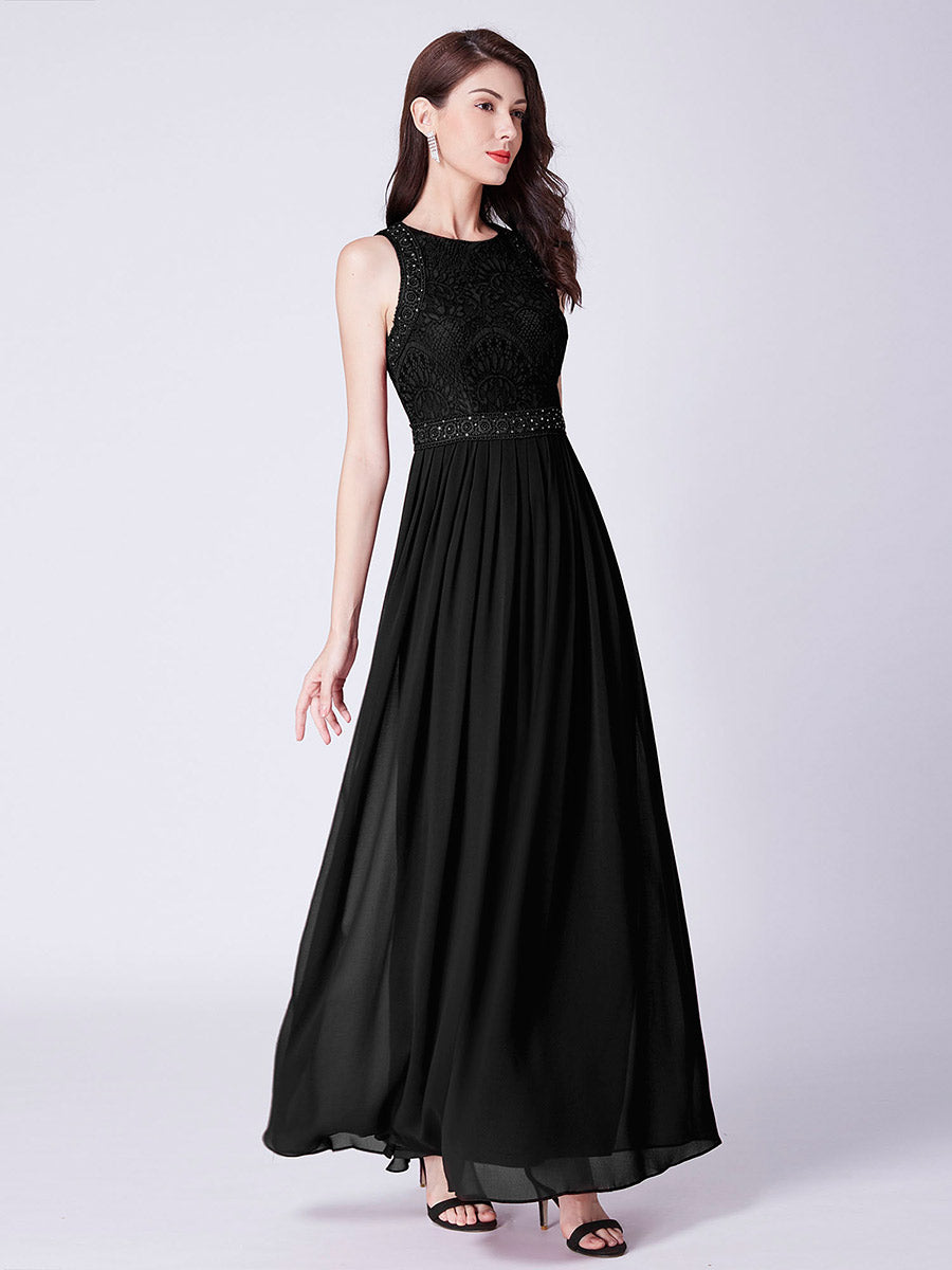 Color=Black | Round Neck Maxi Long Wholesale Party Dresses For Women-Black 5