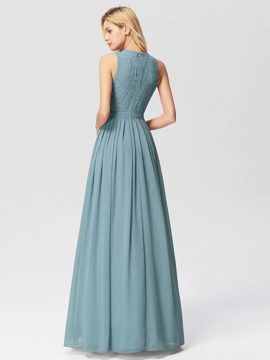 Color=Dusty Blue | Round Neck Maxi Long Wholesale Party Dresses For Women-Dusty Blue 2