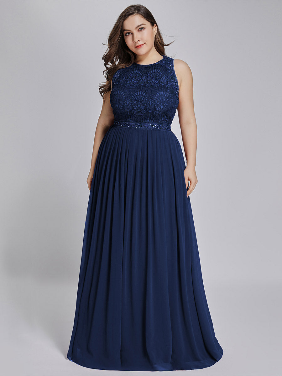 Color=Navy Blue | Round Neck Maxi Long Wholesale Plus Size Party Dresses for Women-Navy Blue 1