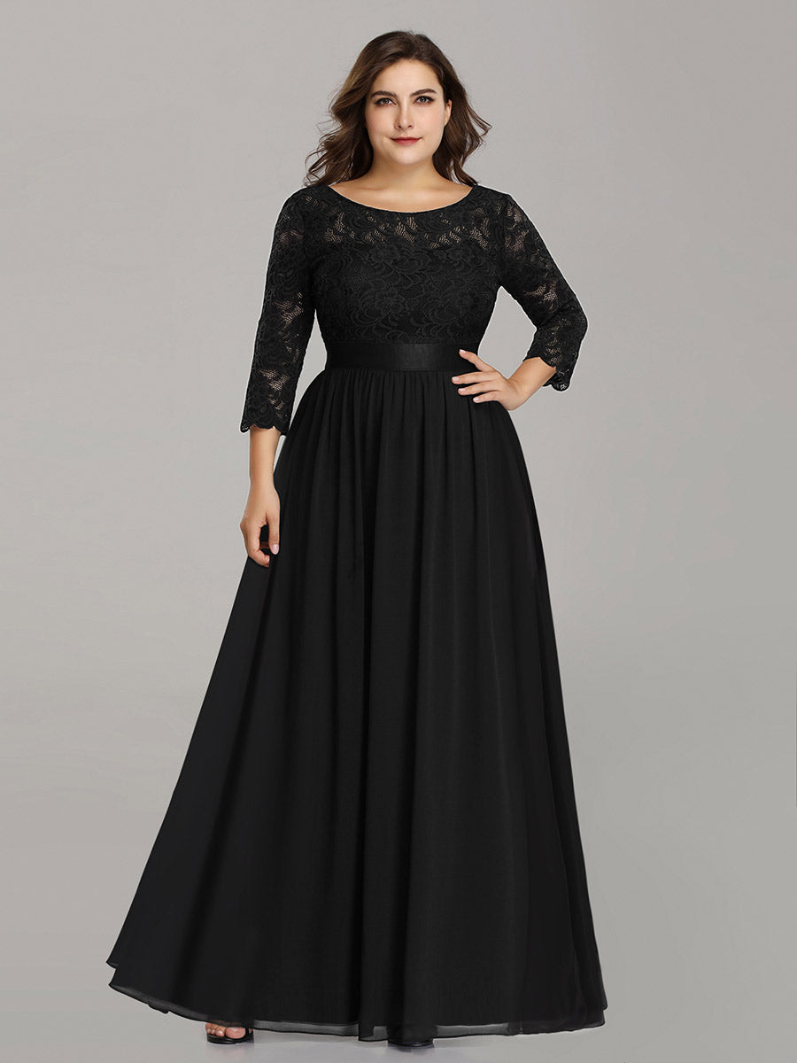 Color=Black | Elegant Empire Waist Wholesale Bridesmaid Dresses with Long Lace Sleeve-Black 9