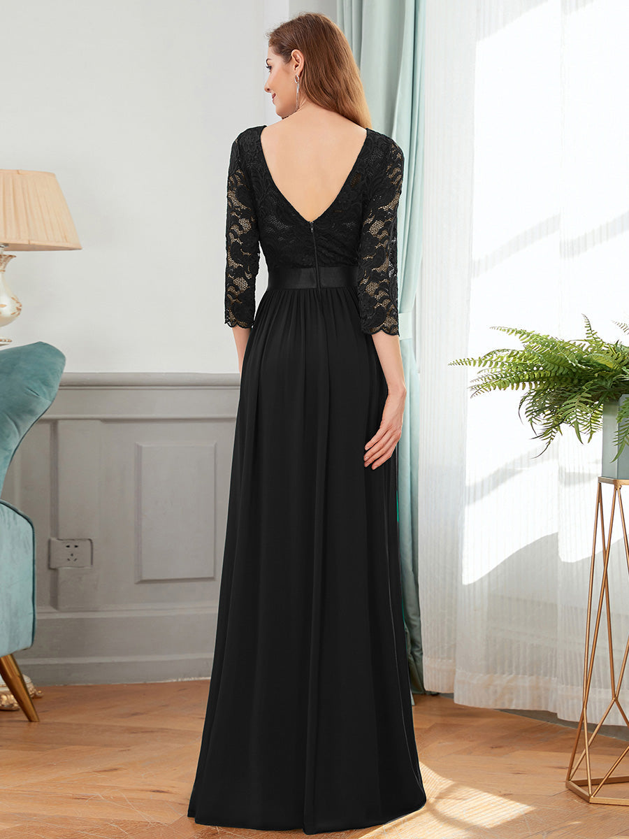 Color=Black | Elegant Empire Waist Wholesale Bridesmaid Dresses with Long Lace Sleeve-Black  6