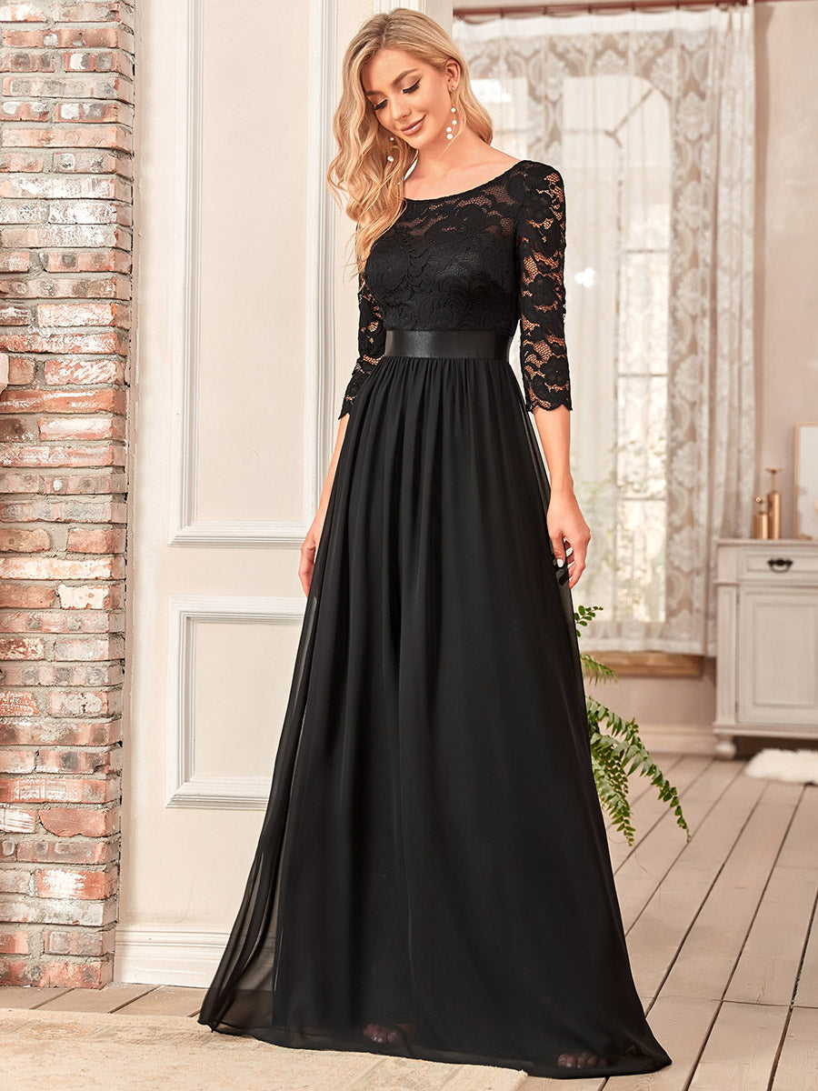 Color=Black | Elegant Empire Waist Wholesale Bridesmaid Dresses with Long Lace Sleeve-Black  1
