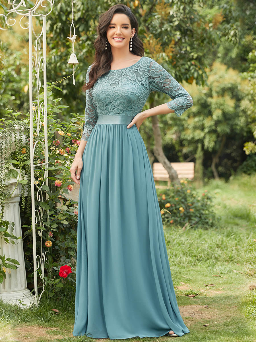 Color=Dusty Blue | Elegant Empire Waist Wholesale Bridesmaid Dresses with Long Lace Sleeve-Dusty Blue 1