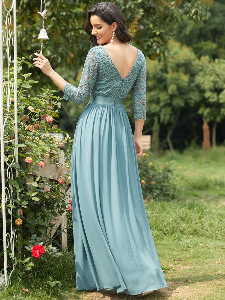 Color=Dusty Blue | Elegant Empire Waist Wholesale Bridesmaid Dresses with Long Lace Sleeve-Dusty Blue 2