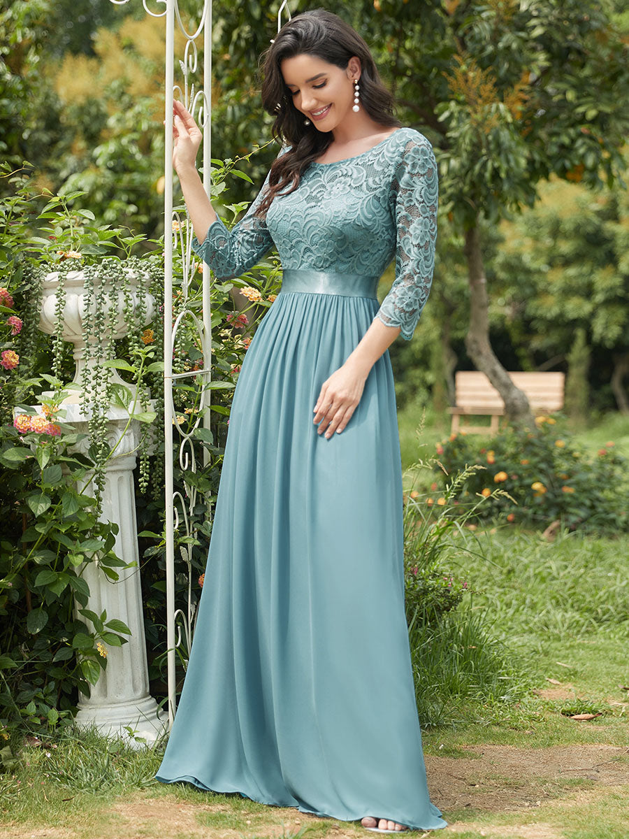 Color=Dusty Blue | Elegant Empire Waist Wholesale Bridesmaid Dresses with Long Lace Sleeve-Dusty Blue 3
