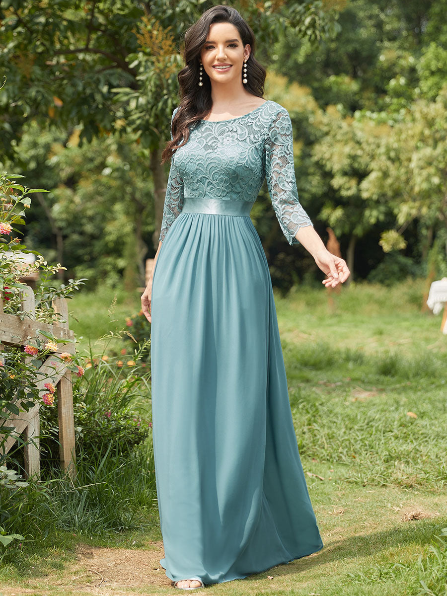 Color=Dusty Blue | Elegant Empire Waist Wholesale Bridesmaid Dresses with Long Lace Sleeve-Dusty Blue 4