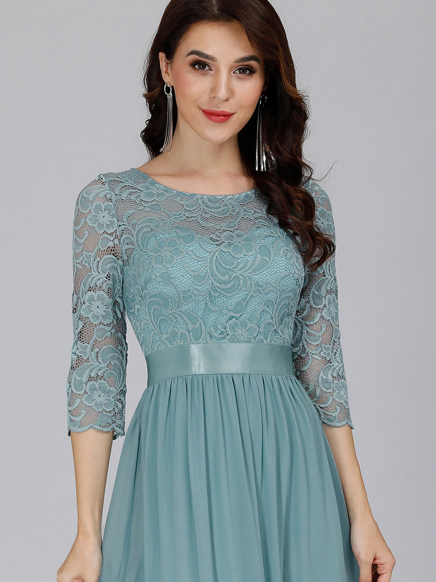 Color=Dusty Blue | Elegant Empire Waist Wholesale Bridesmaid Dresses with Long Lace Sleeve-Dusty Blue 5