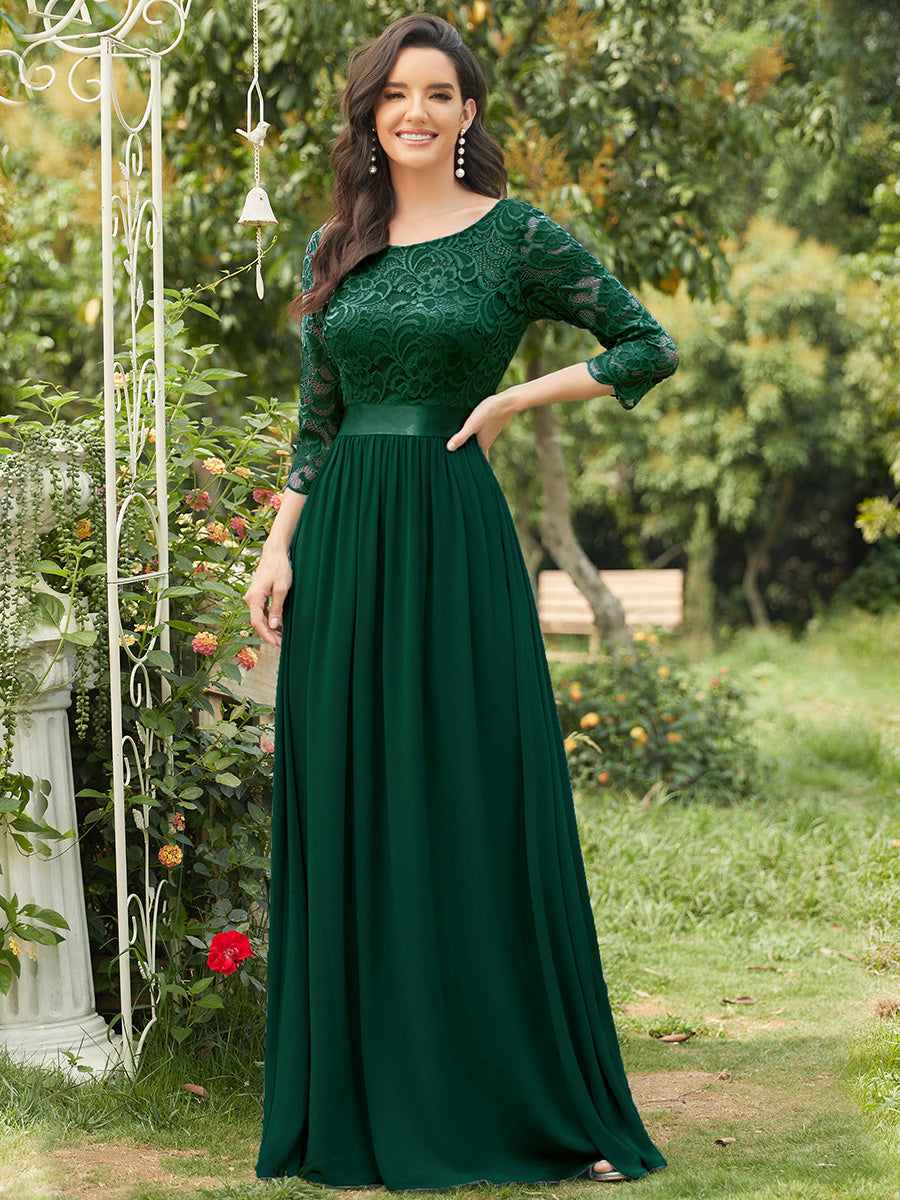 Color=Dark Green | Elegant Empire Waist Wholesale Bridesmaid Dresses with Long Lace Sleeve-Dark Green 1