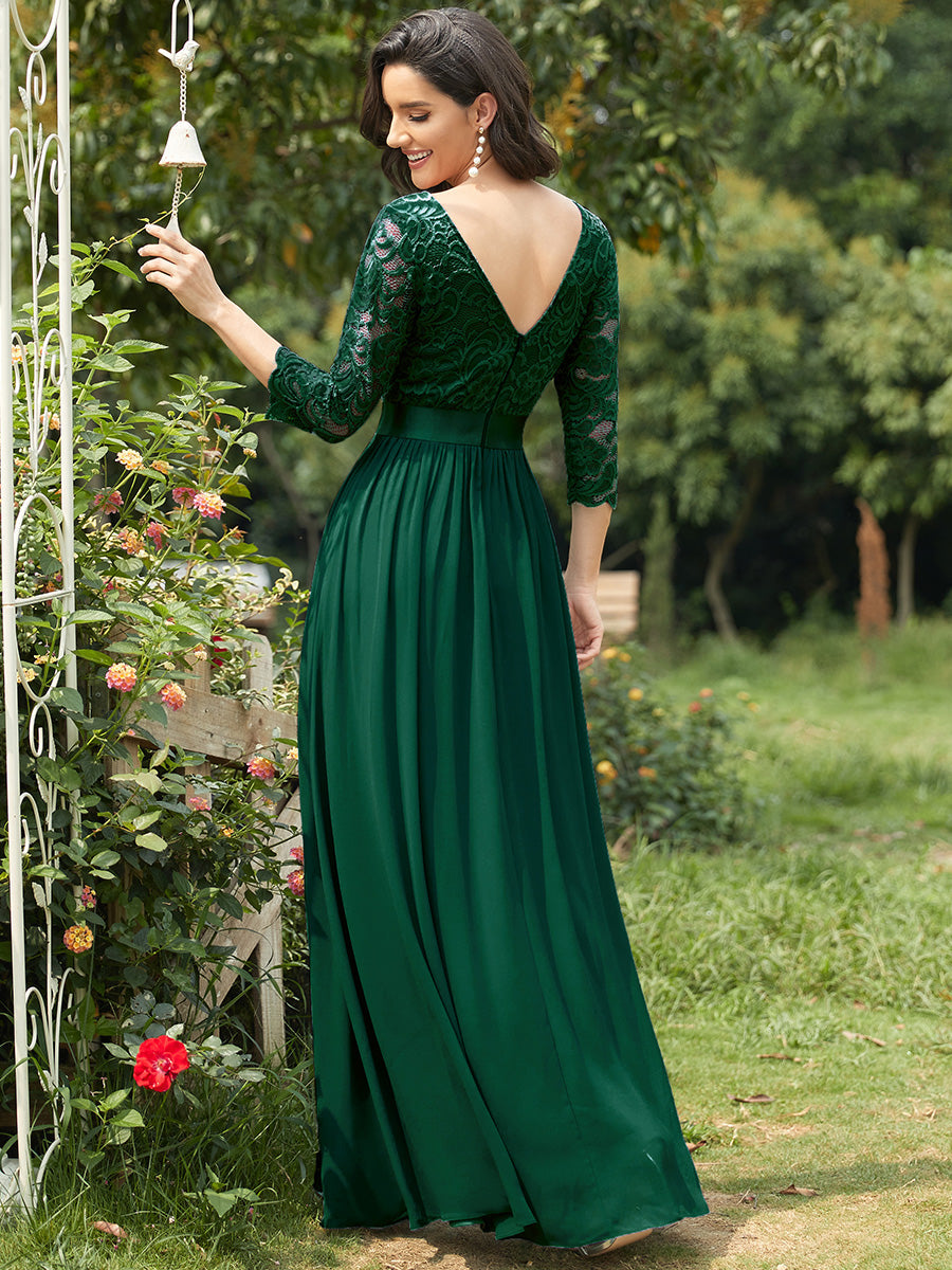Color=Dark Green | Elegant Empire Waist Wholesale Bridesmaid Dresses with Long Lace Sleeve-Dark Green 2