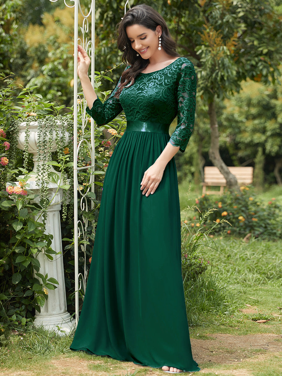 Color=Dark Green | Elegant Empire Waist Wholesale Bridesmaid Dresses with Long Lace Sleeve-Dark Green 3