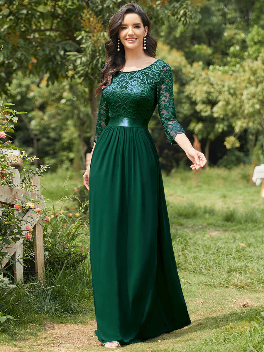 Color=Dark Green | Elegant Empire Waist Wholesale Bridesmaid Dresses with Long Lace Sleeve-Dark Green 4