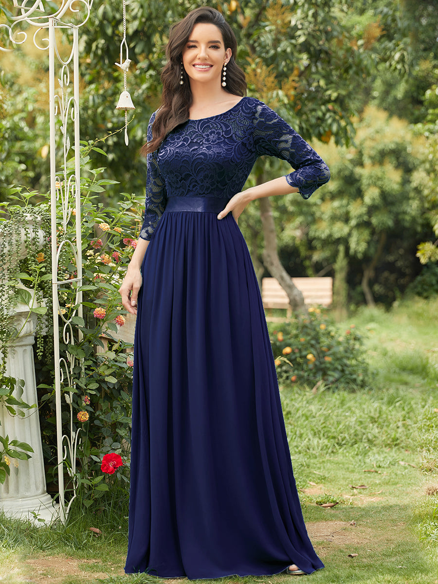 Color=Navy Blue | Elegant Empire Waist Wholesale Bridesmaid Dresses with Long Lace Sleeve-Navy Blue 1