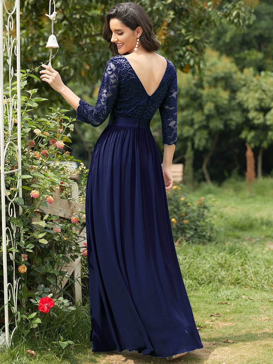 Color=Navy Blue | Elegant Empire Waist Wholesale Bridesmaid Dresses with Long Lace Sleeve-Navy Blue 3
