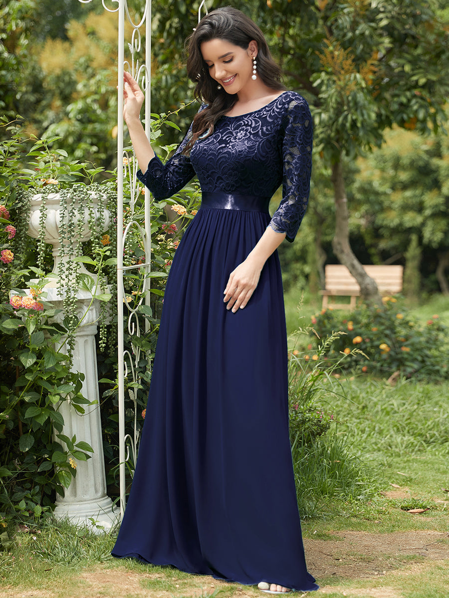 Color=Navy Blue | Elegant Empire Waist Wholesale Bridesmaid Dresses with Long Lace Sleeve-Navy Blue 5
