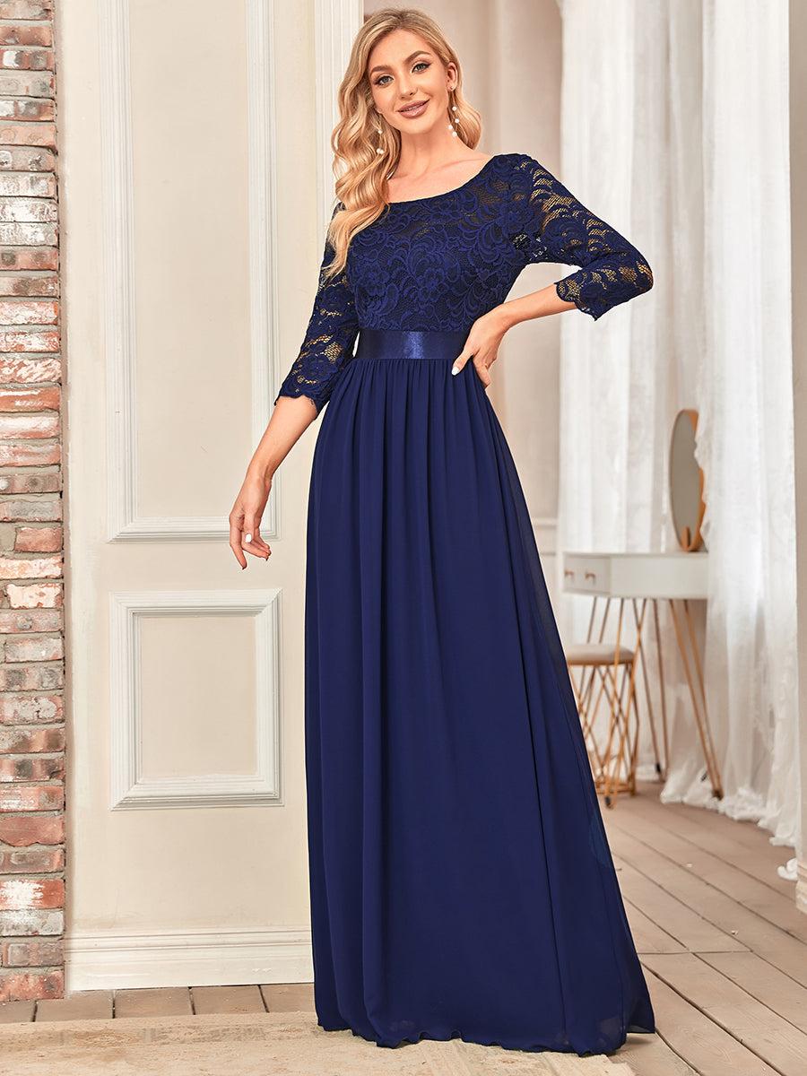 Color=Navy Blue | Elegant Empire Waist Wholesale Bridesmaid Dresses with Long Lace Sleeve-Navy Blue 7